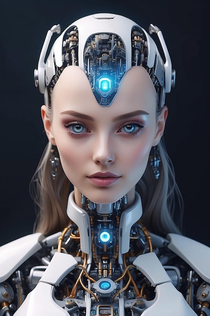 Portrait of female robot with artificial intelligence Woman with technology elements