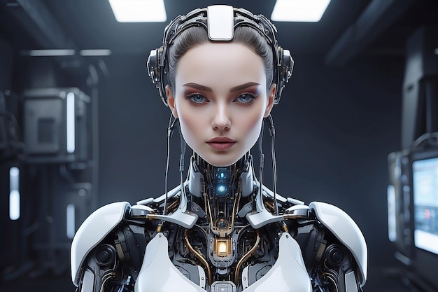 Portrait of female robot with artificial intelligence Woman with technology elements