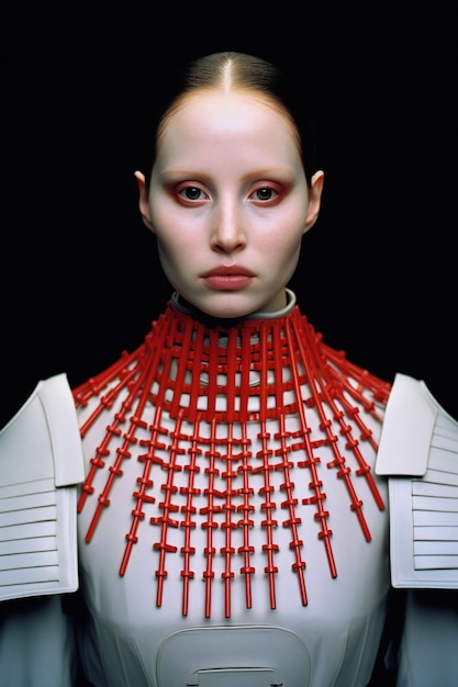 Portrait of a female robot with red braids on black background