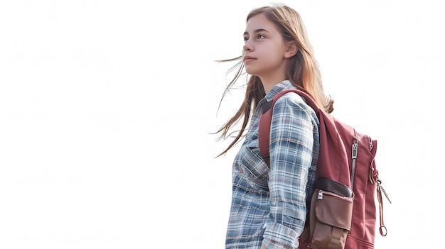 Photo portrait of female secondary or high school student outdoors at school walking to class isolated on