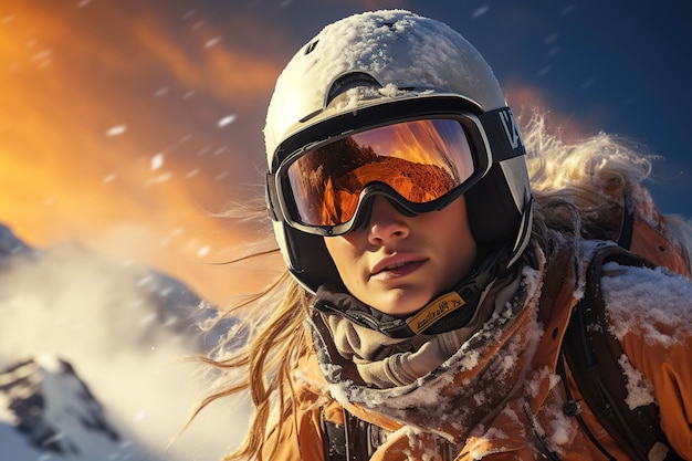 Portrait of a female skier snowboarder in a helmet and glasses in winter in the mountains