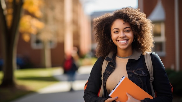 Portrait Of Female Student Standing outside In front of College BuildingCreated with Generative AI technology