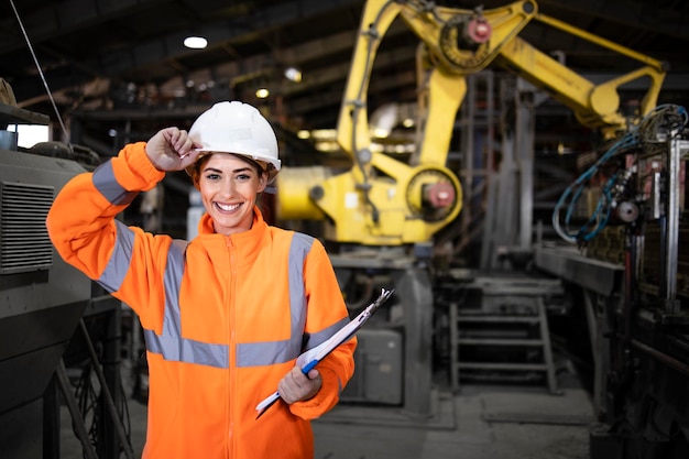 Portrait of female supervisor engineer standing in front of an industrial robot machine in factory