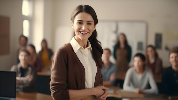 Portrait of a female teacher against classroom atmosphere background with space for text