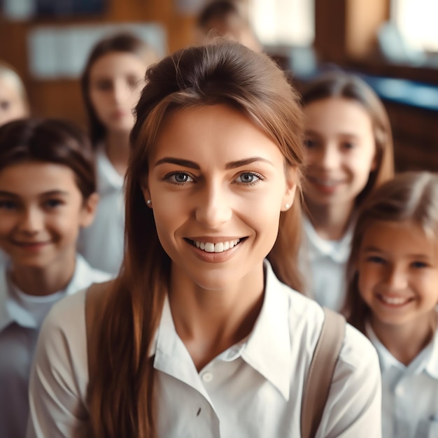 Portrait of Female Teacher posing at the camera with her students