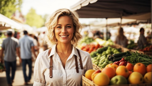 Portrait of a Female Working at a Farmers Market Stall with Fresh Organic Agricultural Products