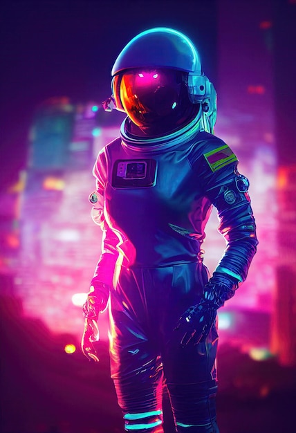 Portrait of an fictional astronaut in neon light in a spacesuit. Hightech astronaut from the future