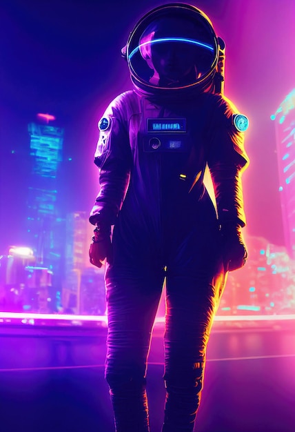 Portrait of an fictional astronaut in neon light in a spacesuit Hightech astronaut from the future