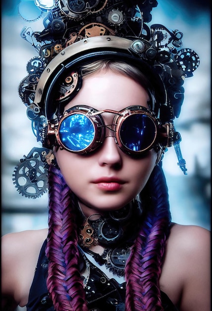 Portrait of a fictional beautiful steampunk girl with beautiful hair and steampunk glasses