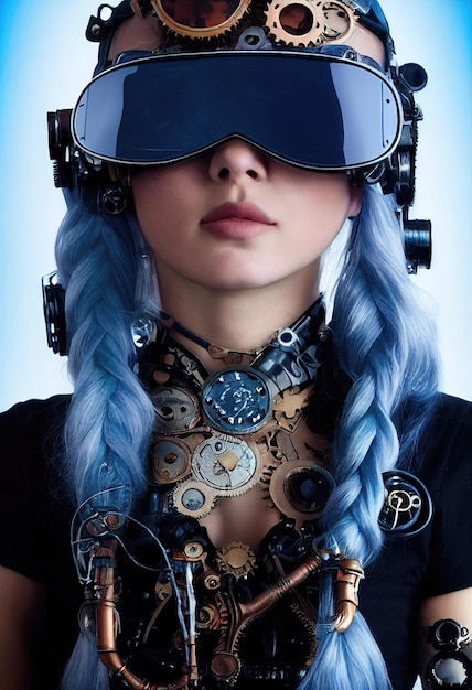 Portrait of a fictional beautiful steampunk girl with beautiful hair and steampunk glasses