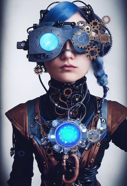 Portrait of a fictional beautiful steampunk girl with beautiful hair and steampunk glasses