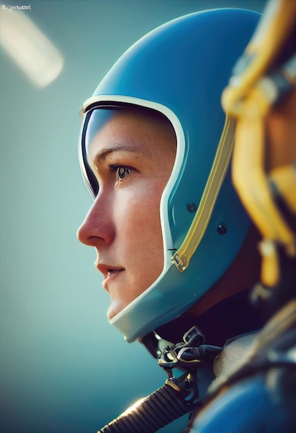 Portrait of a fictional futuristic female pilot in an aviation helmet and pilot's suit.