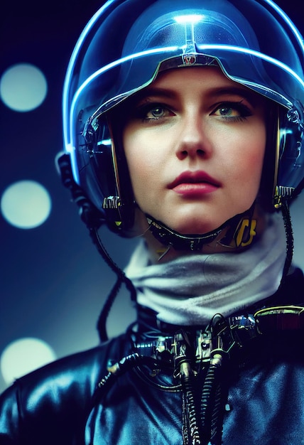 Portrait of a fictional futuristic female pilot in an aviation helmet and pilot's suit