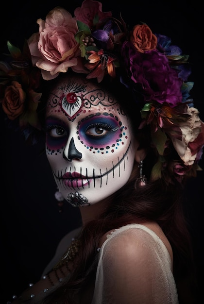 Portrait of Fictional person Mexican Day of the Dead El Dia de Muertos created with Generative AI