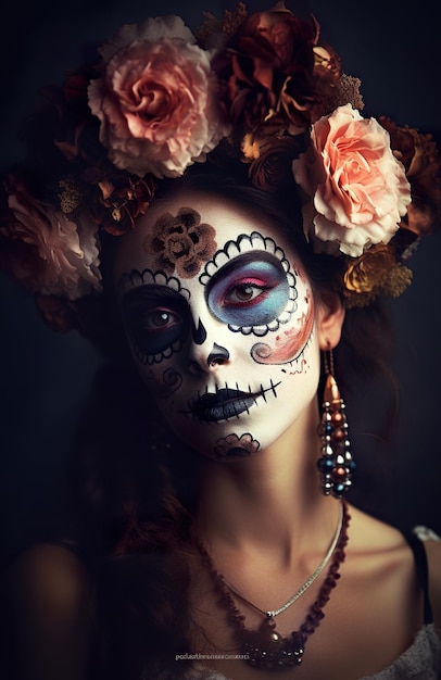 Portrait of fictional person mexican day of the dead el dia de muertos created with generative ai