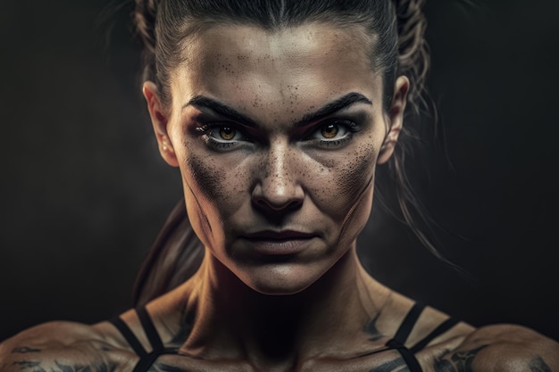 Portrait of a fierce and athletic woman with sculpted muscles and a determined expression