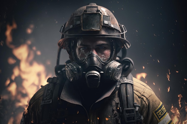 Portrait Firefighter man wearing protective fire suite and helmet with equipment AI Generation