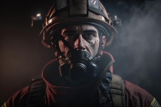 Portrait Firefighter man wearing protective fire suite and helmet with equipment AI Generation