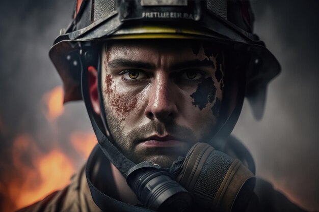 Portrait Firefighter man wearing protective fire suite and helmet with equipment AI Generation