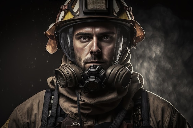 Portrait Firefighter man wearing protective fire suite and helmet with equipment AI Generation