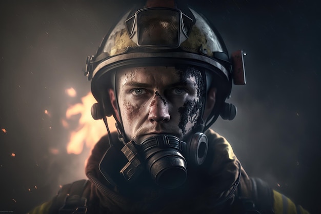 Portrait Firefighter man wearing protective fire suite and helmet with equipment AI Generation