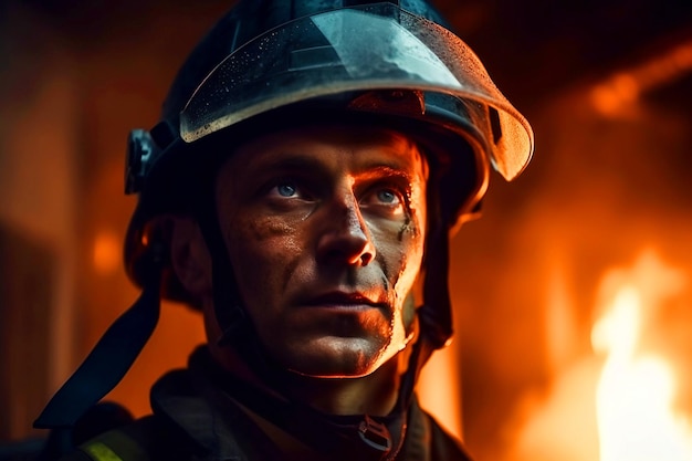 Portrait of a firefighter who saves the forest from an uncontrolled wildfireGenerative AI illustration