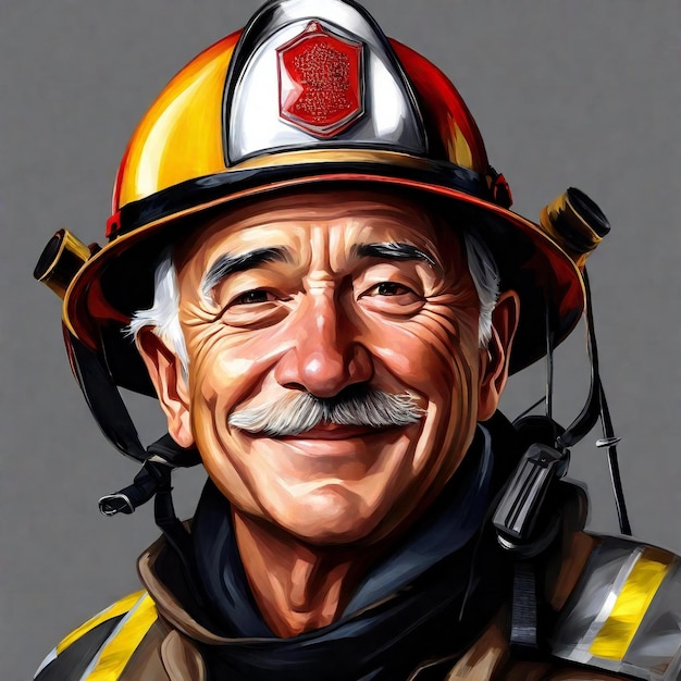 Portrait of a firefighter with a mustache in a protective helmet