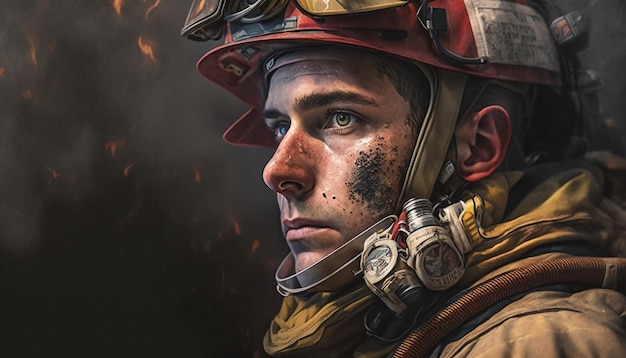 A portrait of a firefighter with the word fire on the front.