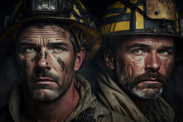 Portrait of firefighters dirty faces in special helmets and firefighters uniforms Neural network generated art