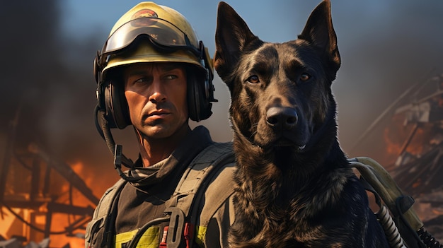 Portrait of a fireman with a dog on a background of smoke Generative AI