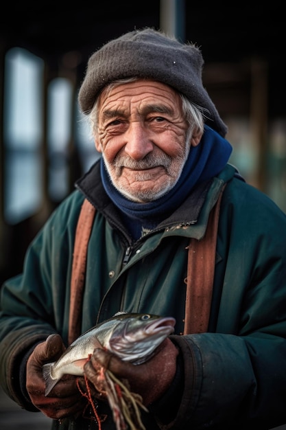 Portrait of a fisherman on the pier with one of his catch created with generative ai