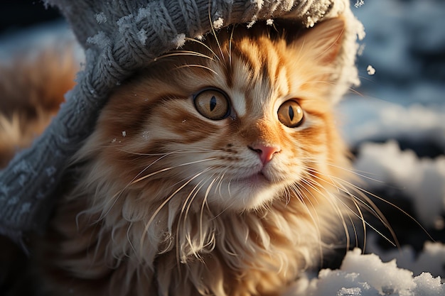 Portrait of fluffy cat in christmas hat