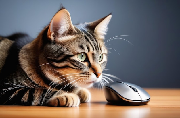 Portrait of fluffy cat with a computer mouse