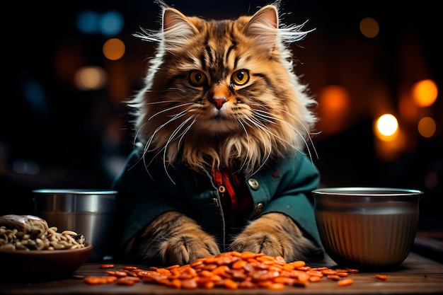 portrait of fluffy funny cat with cat's food