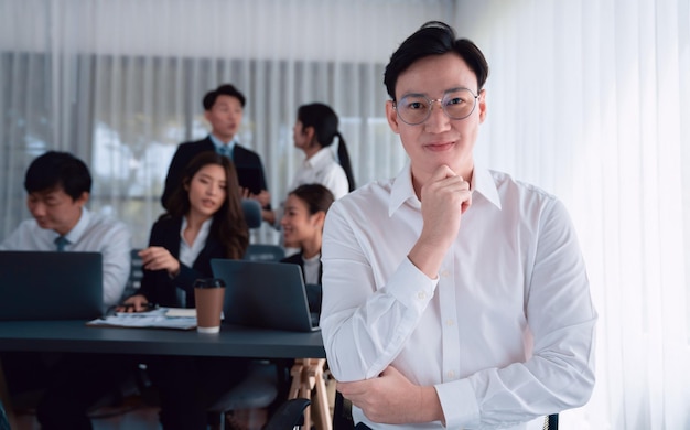 Portrait of focus successful confident male manager in harmony office