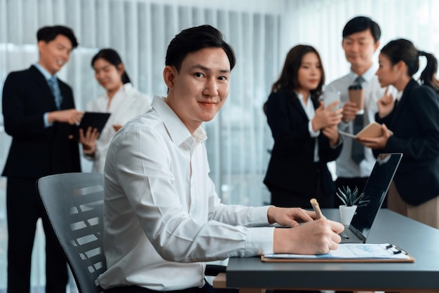 Portrait of focus successful confident male manager in harmony office