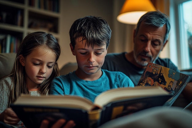 Portrait of focused boy reading book with father and sister at home