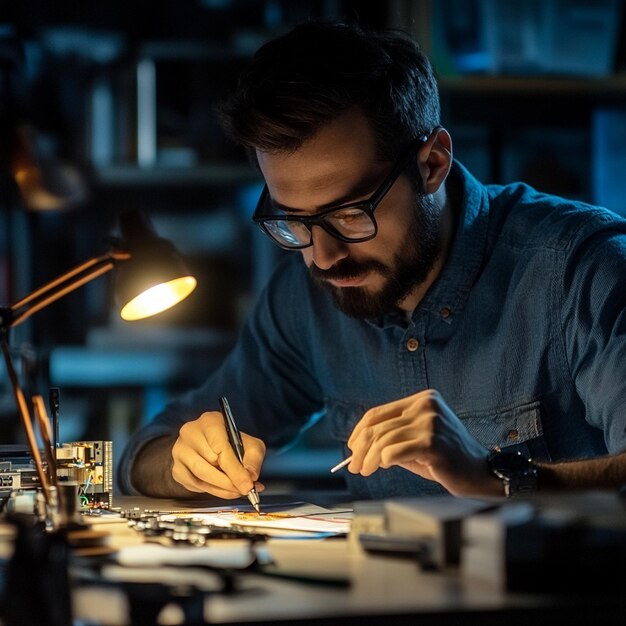 A portrait of a foreman engineer or architecture working on a laptop with tools and machine on the t