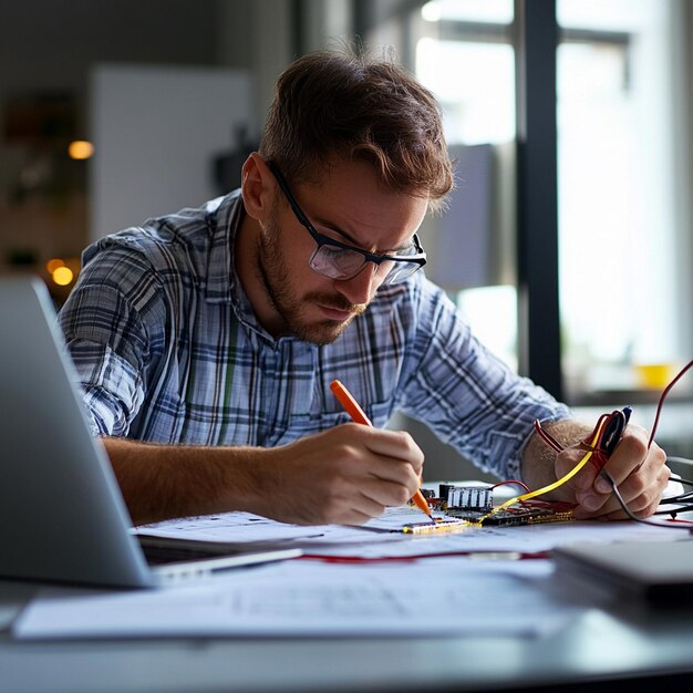 A portrait of a foreman engineer or architecture working on a laptop with tools and machine on the t