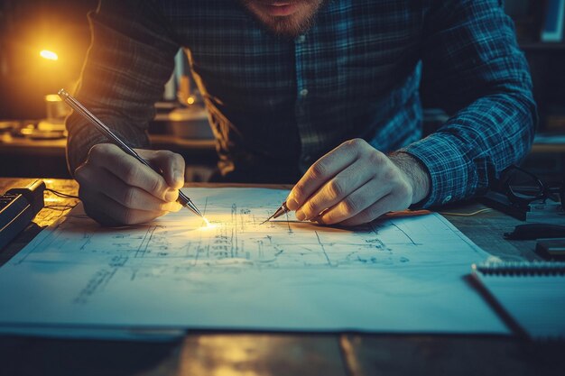 A portrait of a foreman engineer or architecture working on a laptop with tools and machine on the table in the office for engineering architect business safety and technology concept