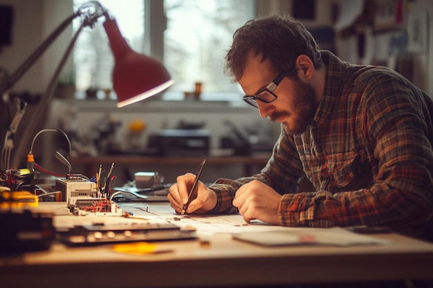 A portrait of a foreman engineer or architecture working on a laptop with tools and machine on the table in the office for engineering architect business safety and technology concept