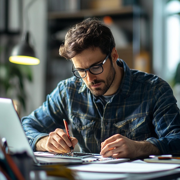 A portrait of a foreman engineer or architecture working on a laptop with tools and machine on the table in the office for engineering architect business safety and technology concept