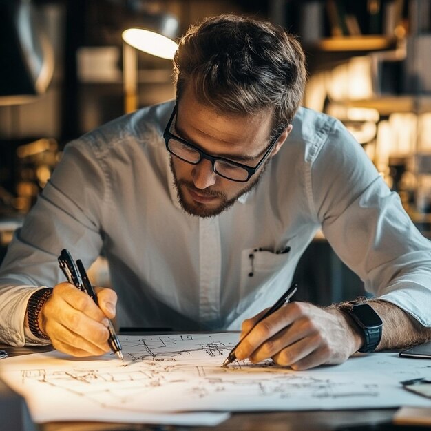 A portrait of a foreman engineer or architecture working on a laptop with tools and machine on the table in the office for engineering architect business safety and technology concept