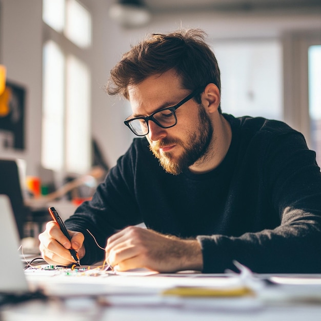 A portrait of a foreman engineer or architecture working on a laptop with tools and machine on the table in the office for engineering architect business safety and technology concept