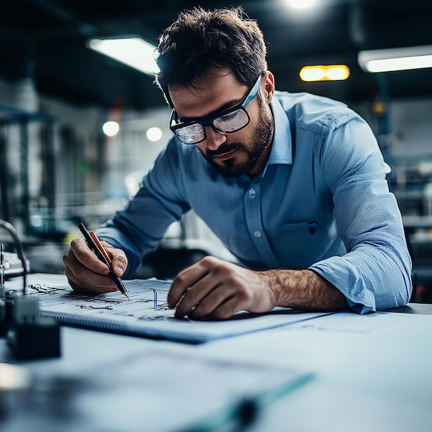 A portrait of a foreman engineer or architecture working on a laptop with tools and machine on the table in the office for engineering architect business safety and technology concept