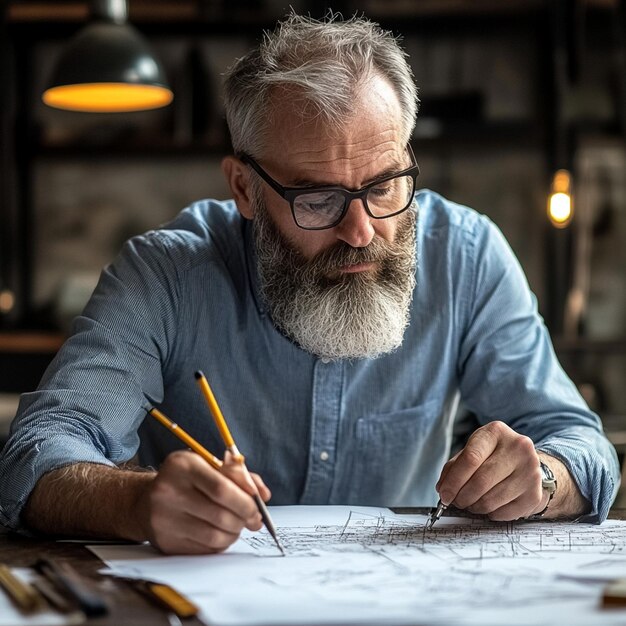 A portrait of a foreman engineer or architecture working on a laptop with tools and machine on the table in the office for engineering architect business safety and technology concept