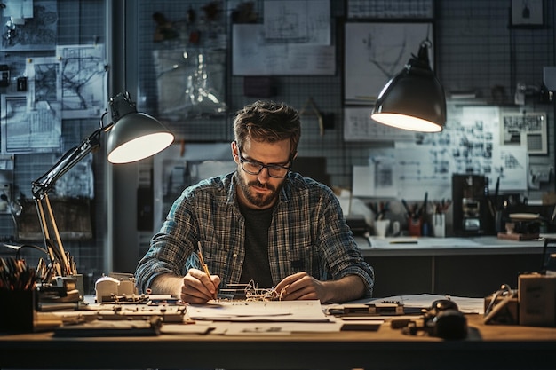 A portrait of a foreman engineer or architecture working on a laptop with tools and machine on the table in the office for engineering architect business safety and technology concept