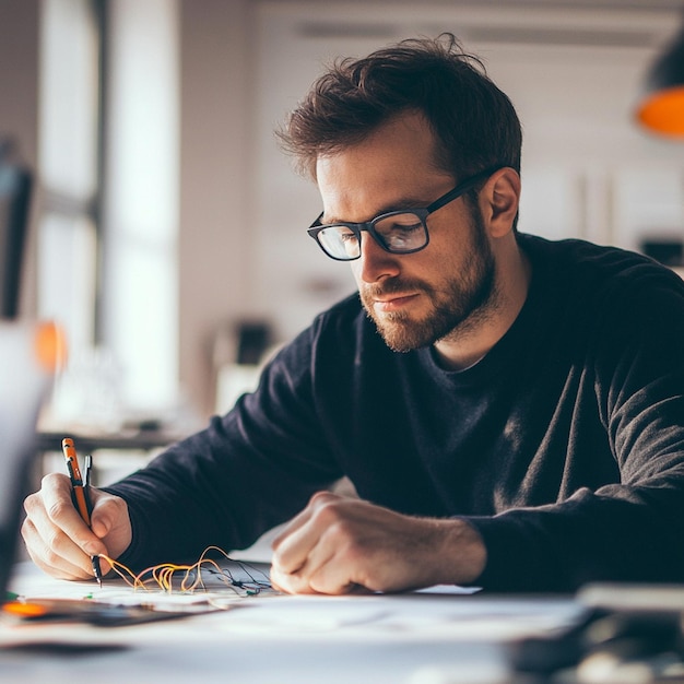 A portrait of a foreman engineer or architecture working on a laptop with tools and machine on the table in the office for engineering architect business safety and technology concept