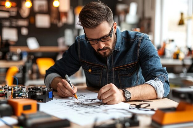 A portrait of a foreman engineer or architecture working on a laptop with tools and machine on the table in the office for engineering architect business safety and technology concept