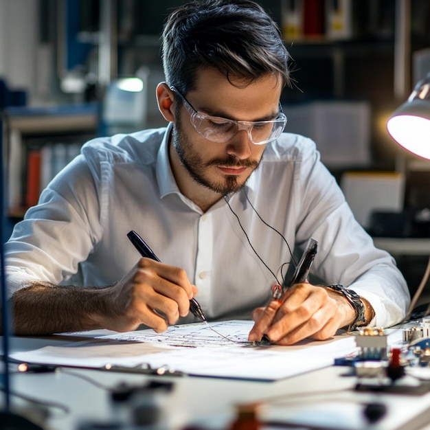 A portrait of a foreman engineer or architecture working on a laptop with tools and machine on the table in the office for engineering architect business safety and technology concept